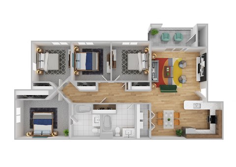a bedroom floor plan with a bathroom and a living room